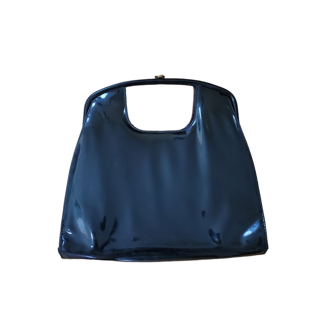 Vintage 1960s Women's Black Patent Shiny‎ Purse With Gold Accent Button Closure